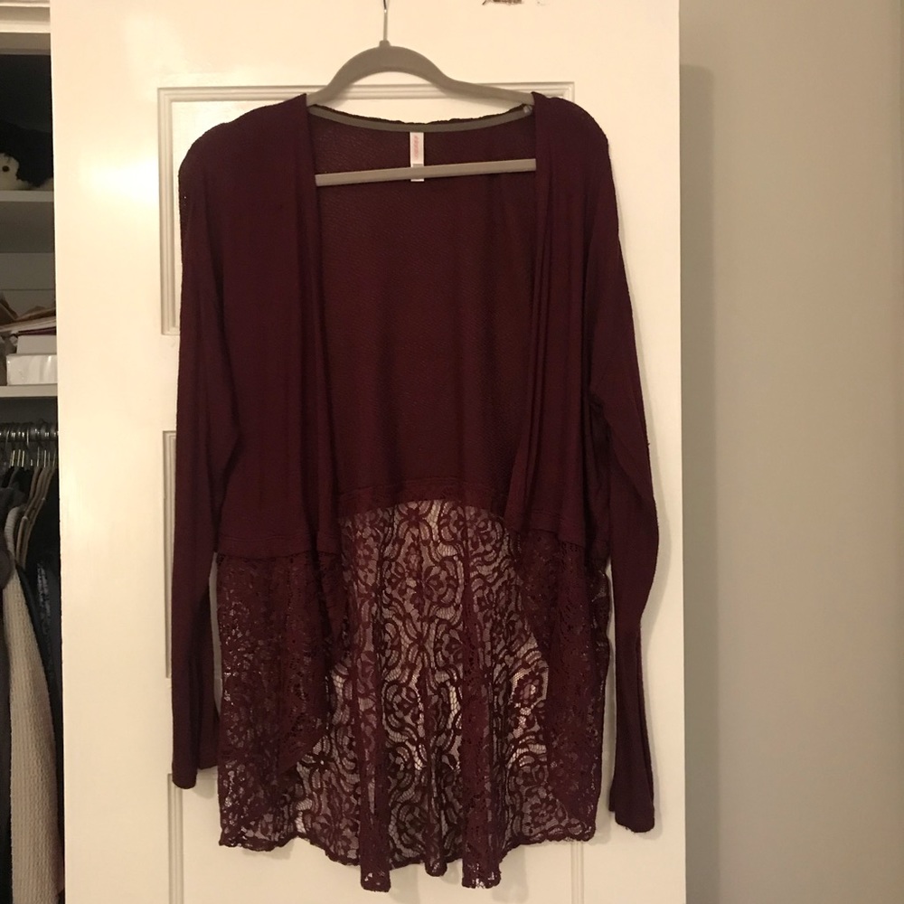 burgundy cardigan with lace bottom